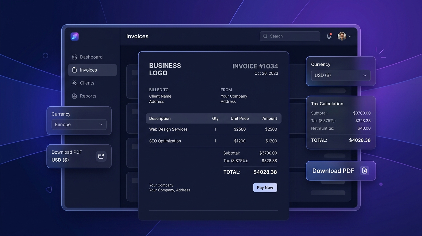 Invoice Generator dashboard showing a professional invoice with line items, tax calculation, and PDF download button