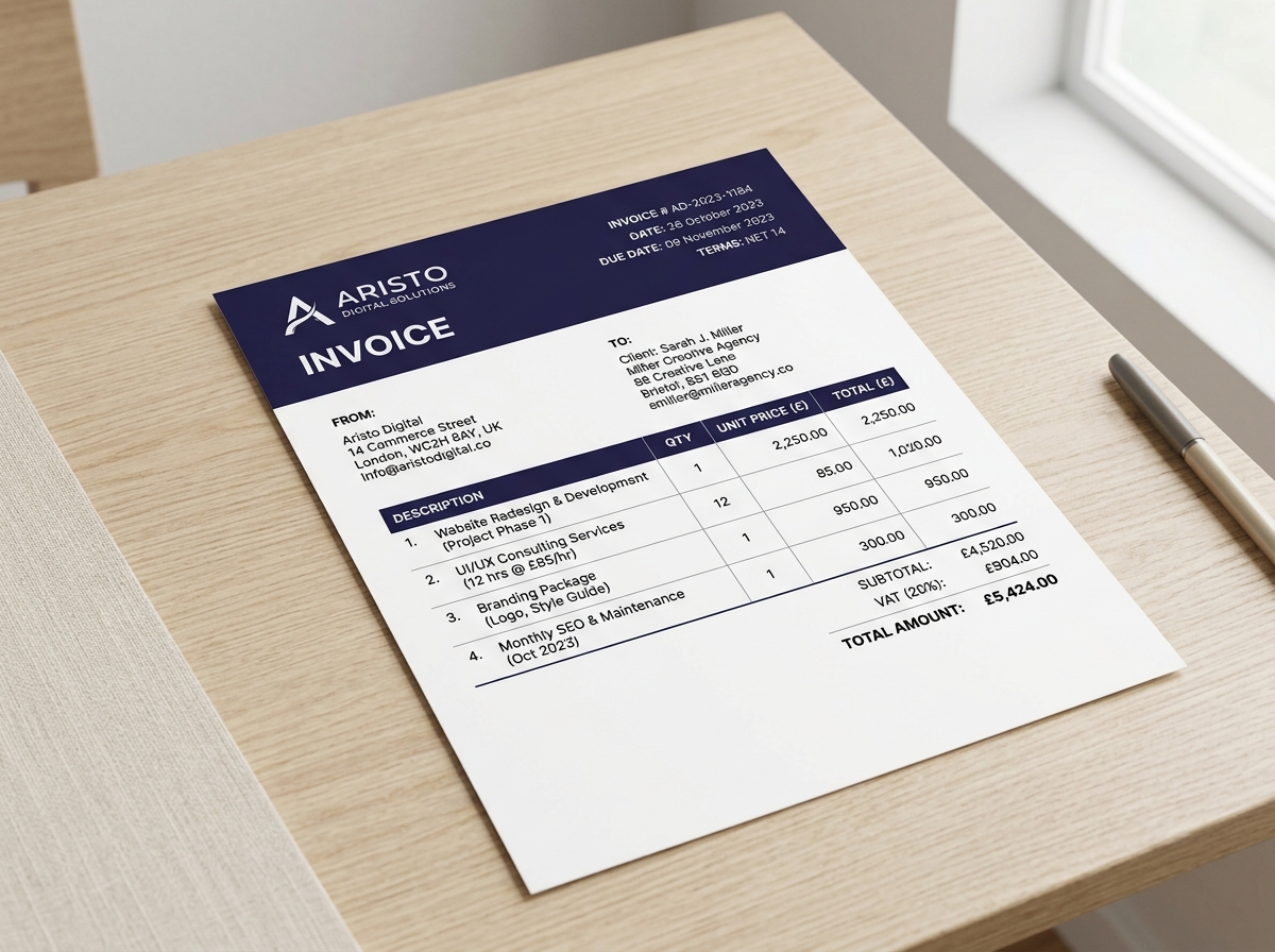 Professional invoice document preview showing business details, itemised billing table, tax calculation, and payment information
